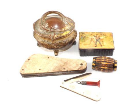 A silver and mother of pearl fruit knife, horn clad fleen plus other items