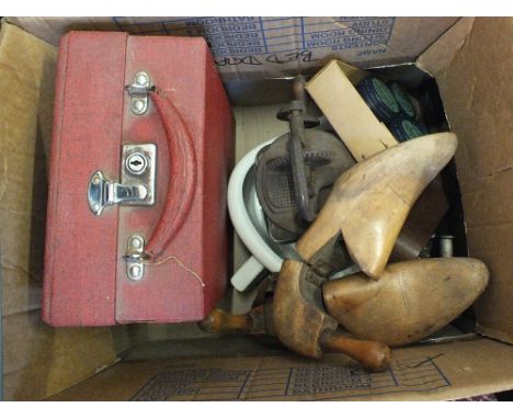 A Kodak folding camera, a small churn plus other items including a slipper bed pan and picnic case