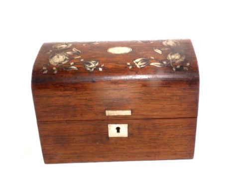 A small 19th Century rosewood and mother of pearl inlaid dome top three compartment box