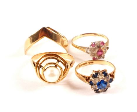 Four various rings, two 9ct gold rings one set white and blue stones, the other ruby and diamond (one stone missing), a conti
