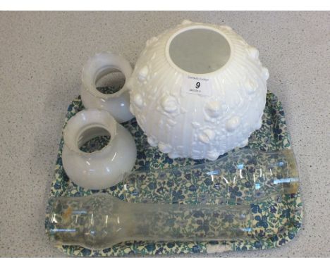 A white floral glass oil lamp shade plus others etc
