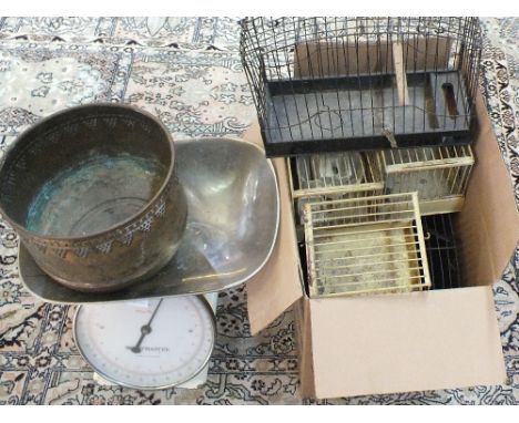 A box of show bird cages, Waymaster scales plus a brass jardiniere 