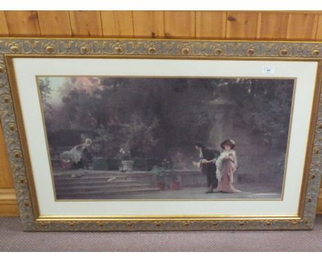 A print of an Edwardian scene in gilt frame and plus a circular frameless mirror