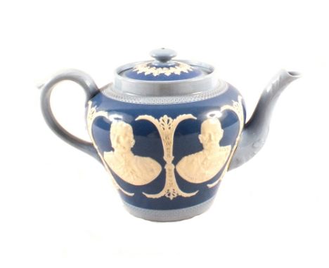 A Dudson two tone blue commemorative teapot, Lord Roberts and other military leaders (re-attached spout)