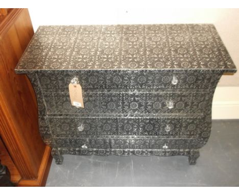 A Louis XVI style commode, covered in foliate aluminium foil, the rectangular top above an arrangement of four drawers, W. 84