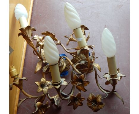 A three branch ceiling light, the supports decorated with trailing roses, H. 55cm, together with four similar two branch wall