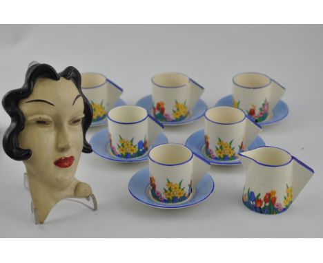A Clarice Cliff 'Chloris' pattern part coffee service, comprising six cylindrical coffee cans with saucers and a cream jug, t