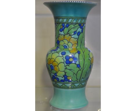 A Crown ducal Charlotte Rhead pottery vase, green glazed decorated with a leaf and floral band, H. 30cm.