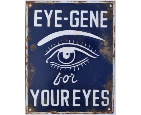 EYE-GENE - Of recent manufacture, a very high quality reproduction porcelain enamel advertising sign. The sign of rectangle f