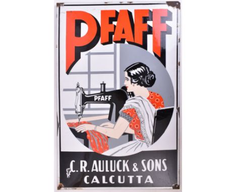 PFAFF - a very high quality porcelain enamel advertising sign. The sign of rectangle form showing red lettering reading &ldqu
