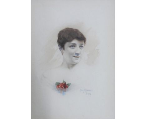Quality 1918 watercolour portrait of a young lady, signed Ridsdale, framed,The portrait measures 25 x 17 cm 