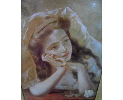unsigned, late Victorian oil on card, portrait of a young lady in ornate gilt frame,The oil measures 28 x 23 cm 