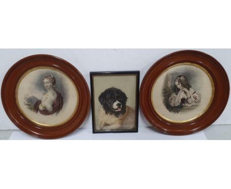 Bransby Williams, miniature watercolour portrait of a St Bernard dog together with a pair of circular Victorian portrait prin