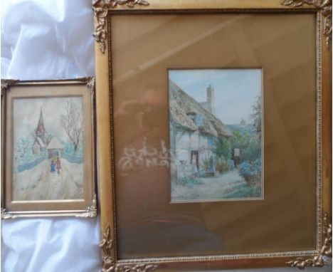 R Hayes, Edwardian watercolour, "Country cottage" in fine original frame together with J A Barter, naive Victorian watercolou