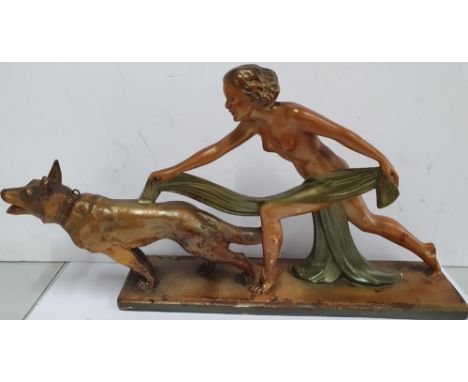1920s/30 Art Deco period large ceramic "Flapper &amp; Alsatian dog", numbered 833042. 0040 60 cm long