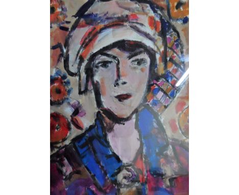 Unsigned modernist oil on paper "Head of lady", framed,The portrait measures 29 x 20 cm 