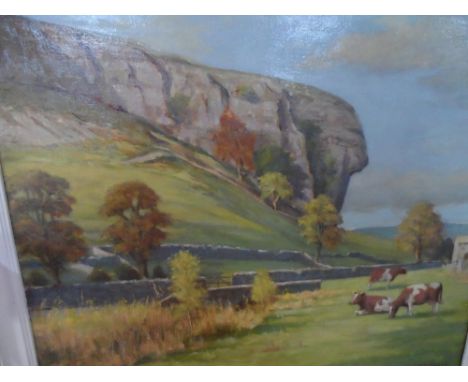 R R Berry oil on canvas, "Cows grazing at Kilnsey, north Yorkshire", wood framedThe oil measures 51 x 61 cm 