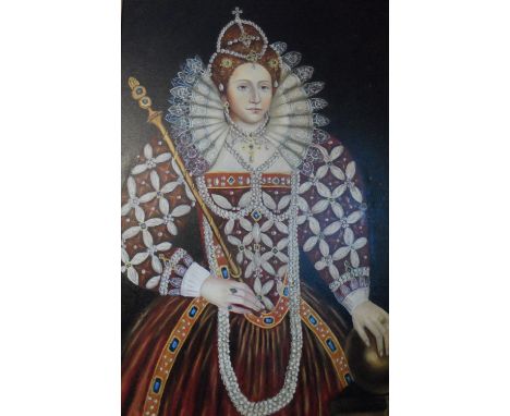 Large modern oil on board, portrait of Queen Elizabeth I in full pearl regalia, indistinctly monogrammed and in a stunning co