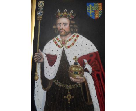 Superb quality, large 20th/21st oil on board, portrait of King Henry in full coronation regalia with an Ermine on his arm wea