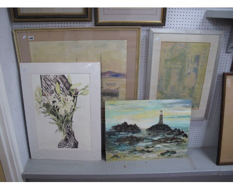 Elarr? Watercolour of Sailing Boats, oil on board of a lighthouse. Vivienne Cawson signed limited edition 13/150 of Lilies. D
