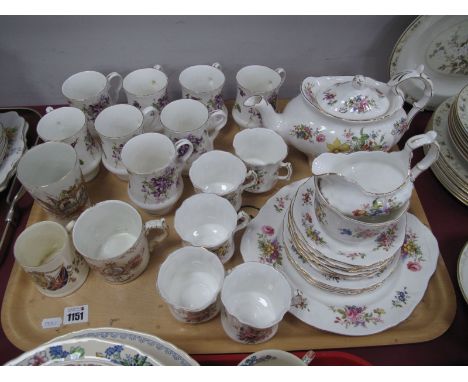 A Hammersley Bone China Tea Service, tea pot, cream jug, sugar bow, five cups-saucers, side plates, cake plate, all with flor