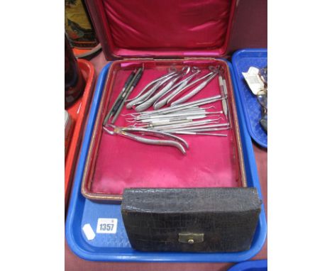 A Twenty Five Piece Early 1900's Field Surgeon's Set of Dental Tools, in a red leather case plus a similar period leather cas