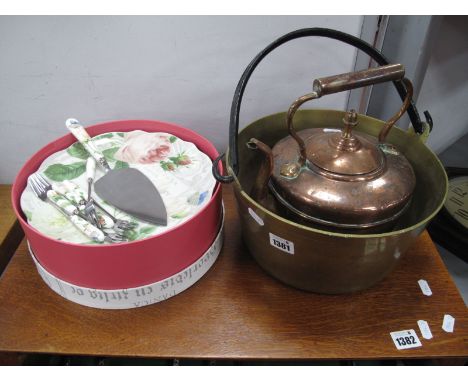 A XIX Century Copper Kettle, XIX Century brass jam pan, Royal Worcester pedestal cake plate.
