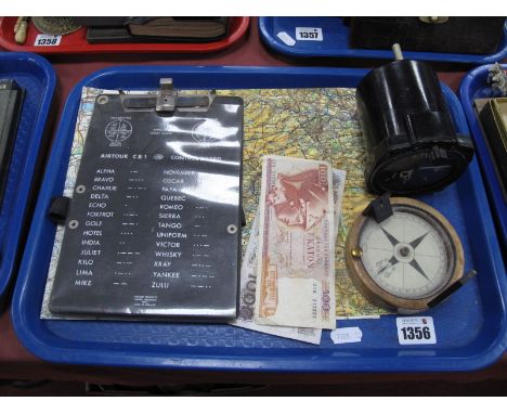 Airtours Control Board, compass in circular wooden frame, Kelvin &amp; Hughes altimeter, air map, banknotes.