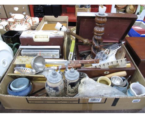 A XIX Century Workbox, Radio's, table lamps, tools etc:- One Box.