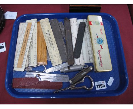 A Collection of Vintage Rulers, including metal, wood, ivorine advertising examples, plus other small collectable's - whistle