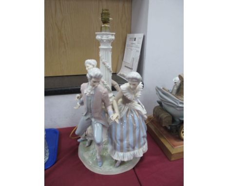 A Large Lladro Figural Table Lamp, "La Tarantella" depicting two Regency ladies and gentlemen dancing, 60cm high.