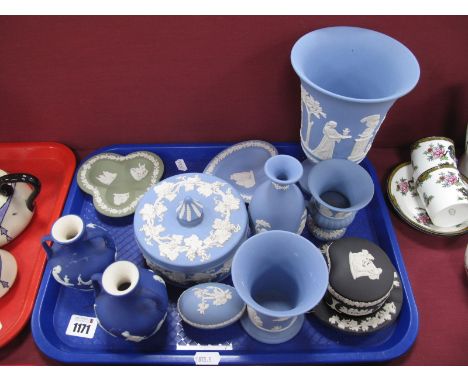 Wedgewood Jasperware, to include large pale blue vase, smaller vase, tulip vase, dark blue double handled vases, etc:- One Tr