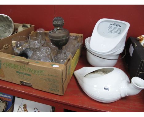 Slipper Bath, commode pot, brass oil lamp, glassware etc:- On Box.