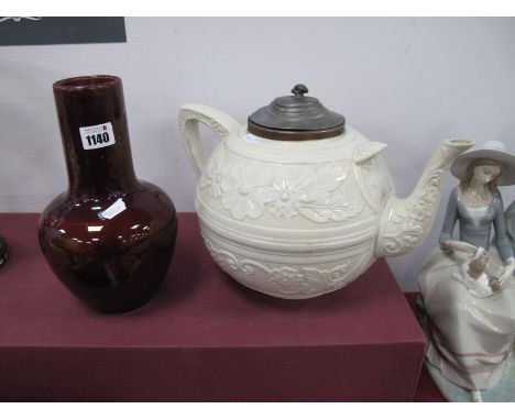 A Large XIX Century Stoneware Tea Pot, with pewter lid bands of floral decoration (repair) to spout, together with a bulbous 