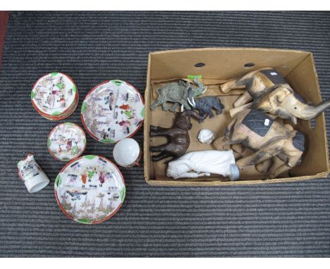 A Leather Elephant, other wooden elephants, Noritake style ceramics, etc:- One Box.