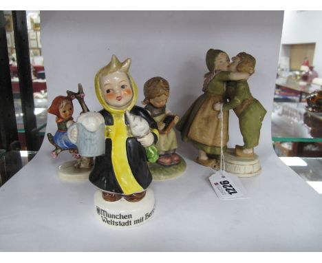 A Royal Dux Figure Group, of two small children kissing, pink triangle and printed mark to underside: together with three Hum