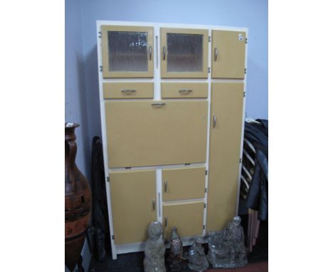 A Vintage Light Brown Painted Kitchen Cabinet, with glazed doors, fall front over cupboard doors, 106 x 178 cm high.