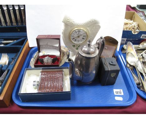 A 1930's Zeiss Ikon Baby Box Tengor Camera, whiskey flask, Rotary watch, Donegal Parian ware table clock plated tea pot etc:-