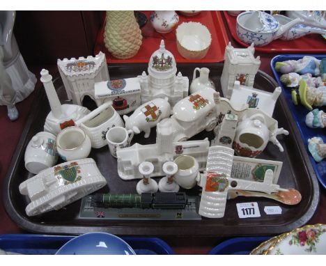 Arcadian Crested Model of a Tank, St Paul's Church, Willow Ware Worcester Cathedral, etc:- One Tray. 
