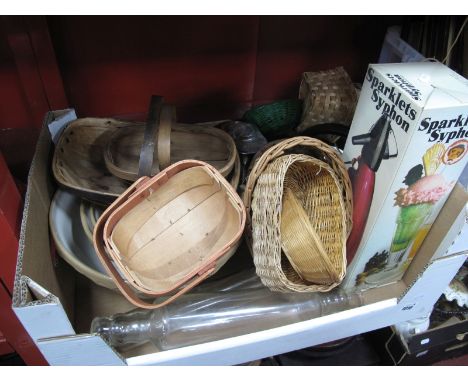 Three Mason, Cash &amp; Co Mixing Bowls, bakelite kitchen timer, Sparklets soda syphon (boxed), glass rolling pins, 'Aga' ket