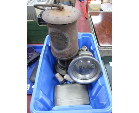 A Lucas Calcia Cadet Carbide Bicycle Lamp, Eccles miners lamp, plated cigarette case, two decanter stoppers:- One Box.