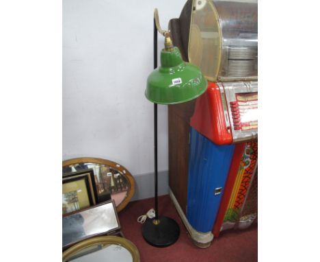 An Early 1900's Floor Standing Factory Lamp, with brass adjustable swan neck and green enamel shade.