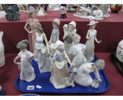 Nine Various Nao Figures, including Slipper Girl, Lady in Evening Dress, Girl with Lamb, etc:- One Tray