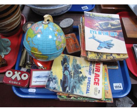 Tamiya Child's Globe, enamel badges, Commando war stories in pictures, other picture library, etc, 6D savings bank, Oxo tin b