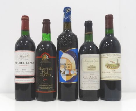 FIVE BOTTLES OF BORDEAUX WINEA selection of bottles of red wine from Bordeaux.  Comprising: one Michel Lynch 1996 Vintage Bor