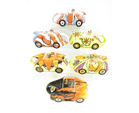 Lorna Bailey Old Ellgreave pottery, full set of 6 ''Hot rod'' Racing car teapots collection teapots, all with same limited ed