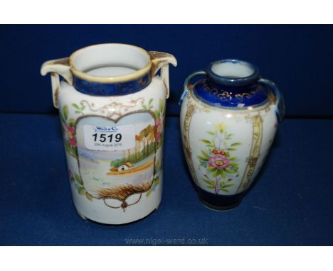 Two Noritake Vases, one having floral pattern and blue bands, the other with landscape scene.