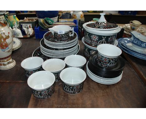 A Portmeirion 'Magic City' part Dinner service including two lidded tureens, gravy boat, five dinner plates, five side plates