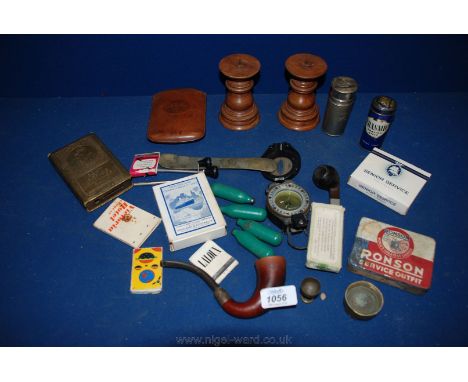 A quantity of miscellanea including two wooden candle holders, Pratts cap top, Senior Service cigarettes, a/f and playing car