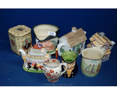 Three Novelty Teapots, 1953 Coronation Tea Caddy and a quantity of Jugs